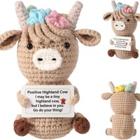 Positive Crochet Highland Cow Support Christmas Stuffer Funny Gifts for Kids Daughter Handmade Crochet for Birthday Office Decor