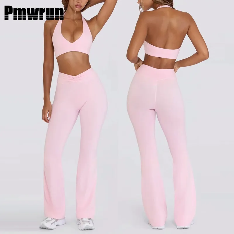 

PMWRUN Women's 2-Piece Gym Yoga Set Halter Neck Sports Bra High-Waist Flared Pants Stretch Quick-Dry Fabric For Fitness Wear