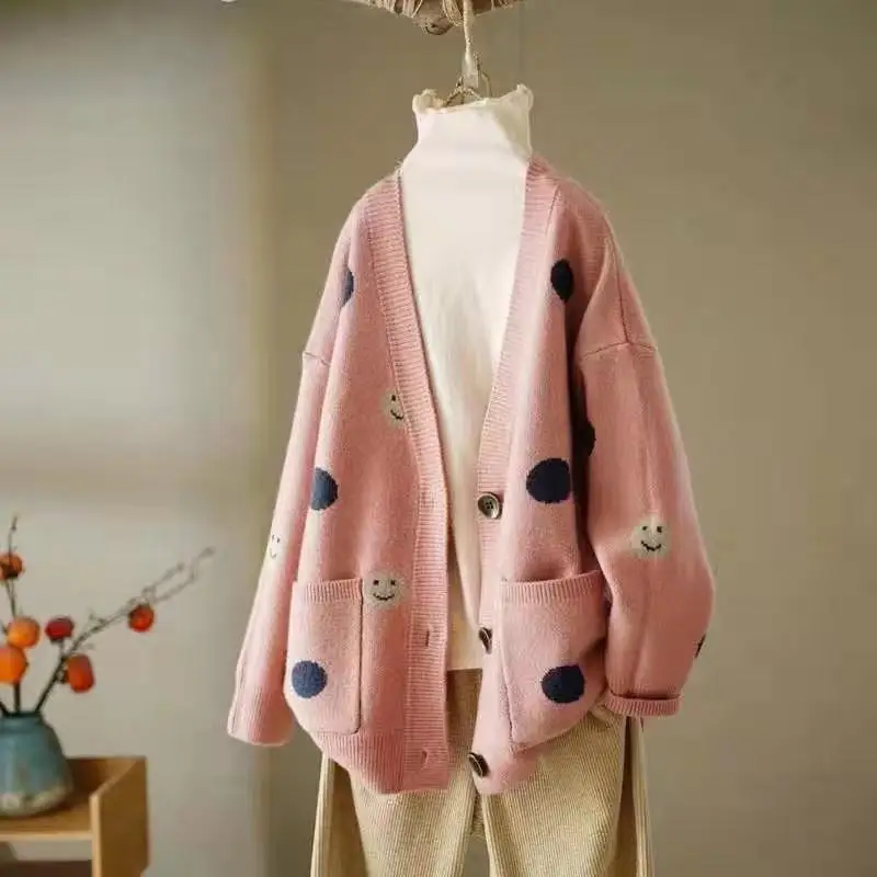 Knitting Cardigan Female Autumn Winter New Korean Loose Ladies Top Tee Cartoon V-neck Long Sleeve Sweater Coat Women Clothing