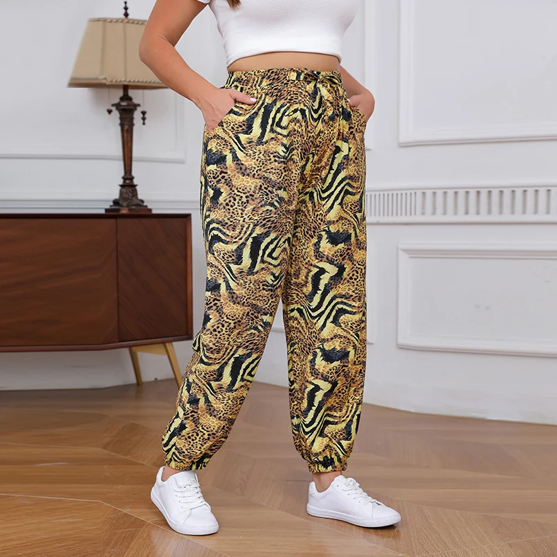 Plus Size Leopard Print Joggers Women High Waist Casual Loose Pants Elastic Waist Trendy Streetwear Trousers