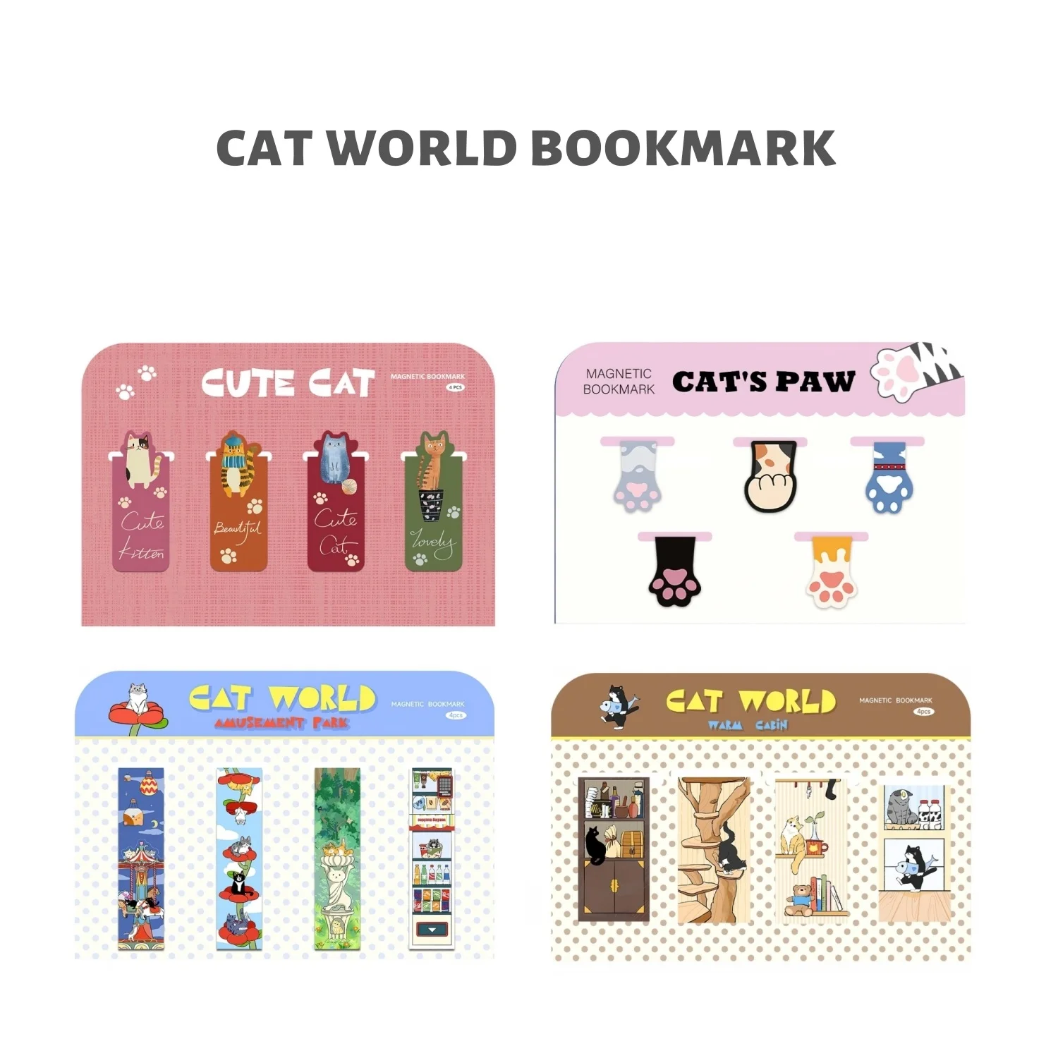 Conjunto de marcadores magnéticos do mundo do gato, 4 peças, design bonito dos desenhos animados do gato, clipes de página, marcador de livro, leitura exclusiva, presente, papelaria a3043