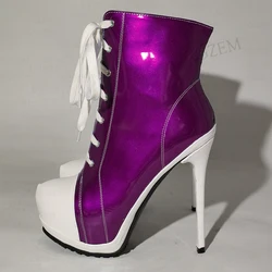 LAIGZEM Women Ankle Boots Platform Shiny Zip Up Thin High Heels Short Booties Ladies Handmade Shoes Woman Large Size 38 41 45 52