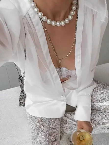 

French Sexy Deep V Cinched Waist Shirt 2025 Spring Semi-Sheer Sexy Spicy Girl Fashion New Top for Women Elegant Blouses