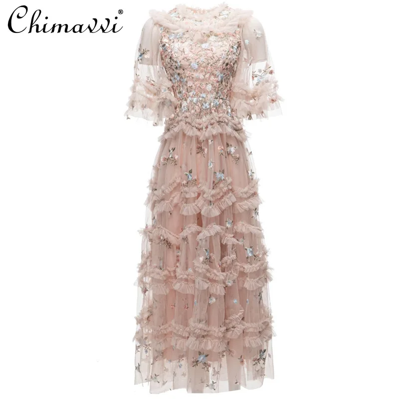 

Heavy Embroidery Short Sleeve Stitching Round Neck Ruffled Swing Long Dress Summer High Waist Slim Elegant Maxi Dress for Women