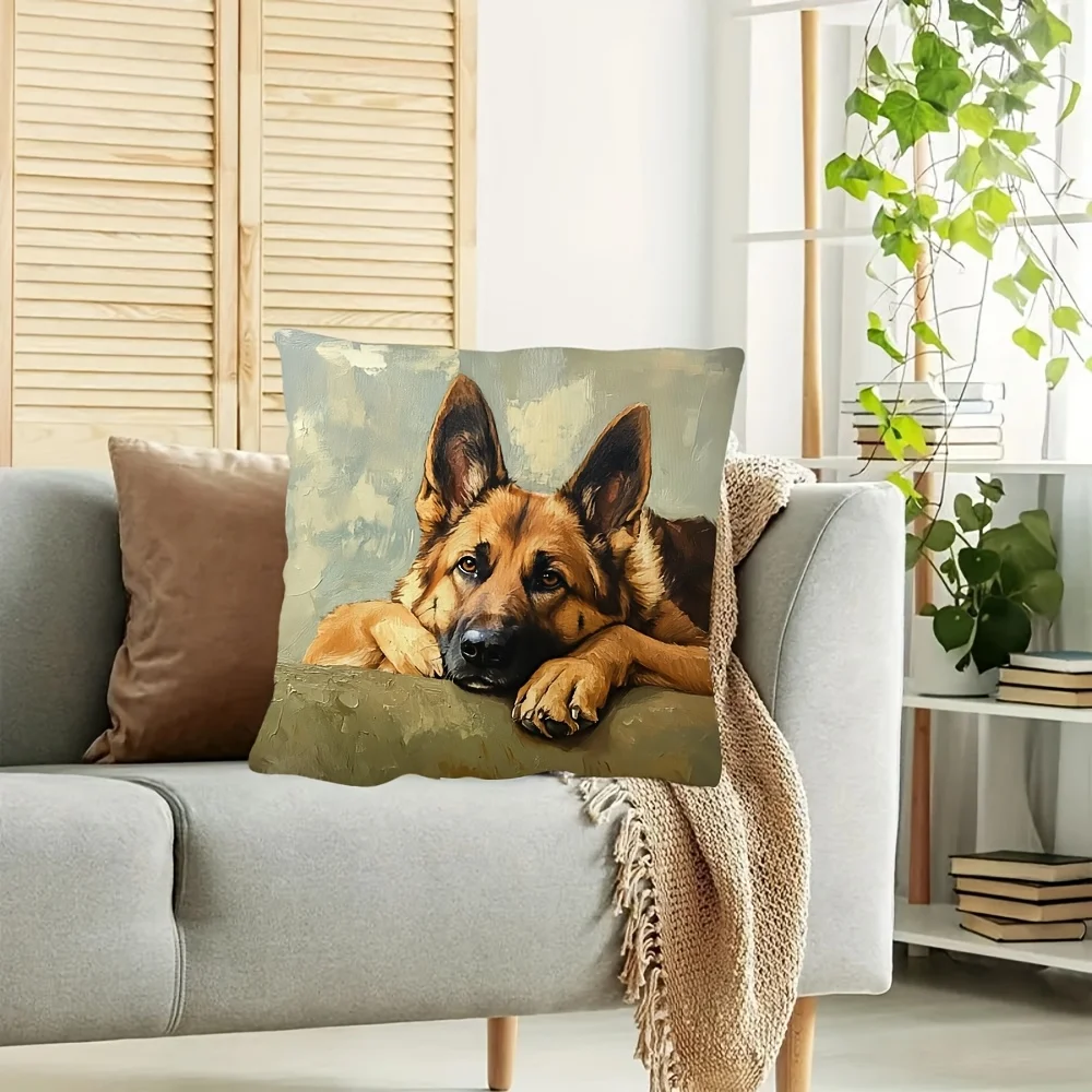 Realistic German Shepherd Dog Portrait Canvas Print Throw Pillowcase Cushion Cover for Dog Lovers Home Decor Pet Art 40x40cm