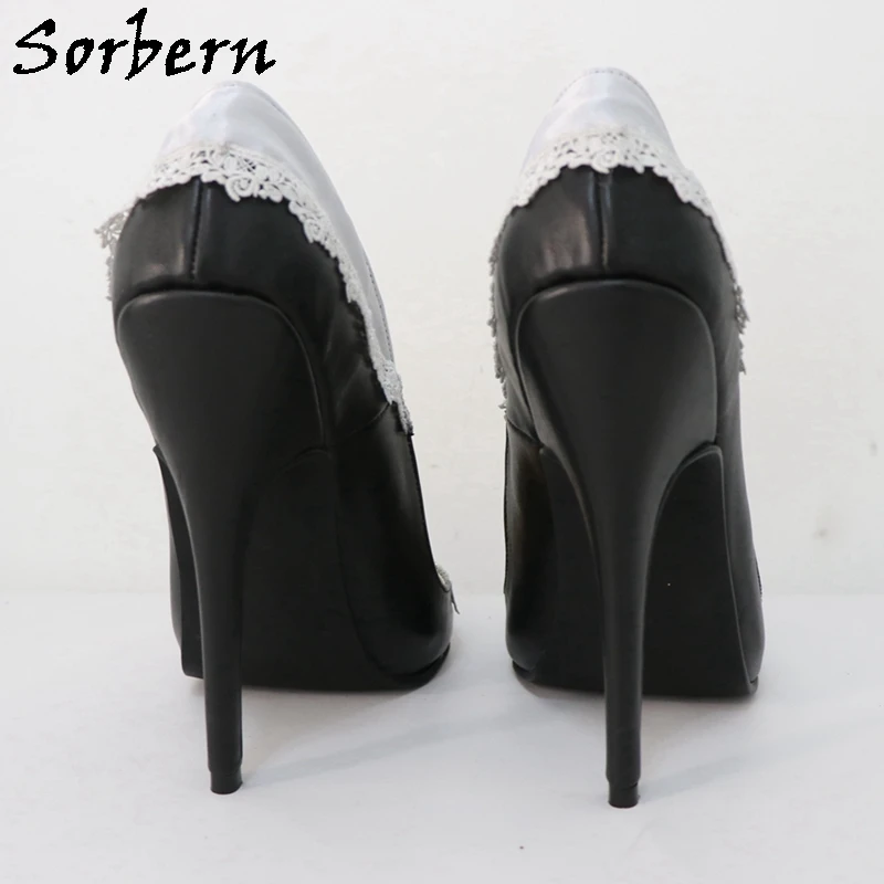 Sorber Vintage nero punta tonda donna décolleté pizzo raso Lolita tacchi alti 15Cm taglia Us12 tacchi a spillo Slip On scarpe Fetish Pump