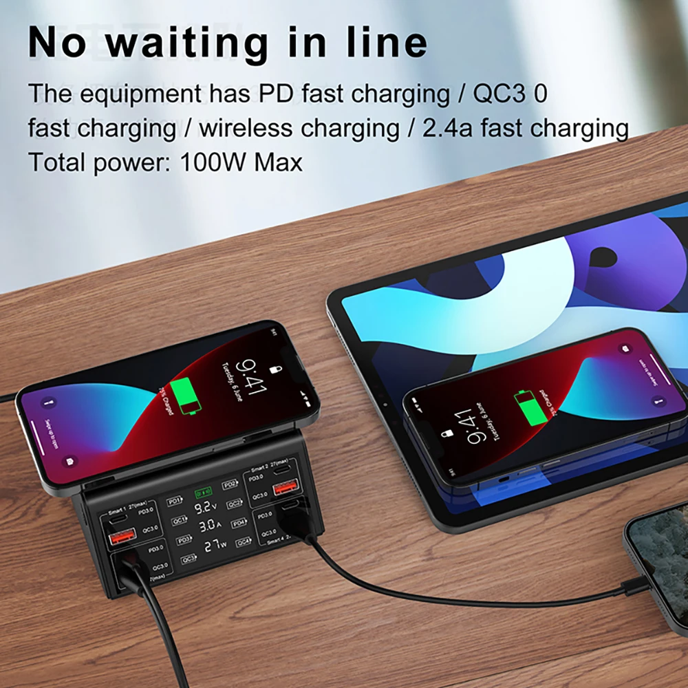 LED Multi USB Charger QI Wireless Charger,4 USB A Quick Charge,4 USB C PD Port, Charging Station For iPhone 13 12 Samsung Xiaomi