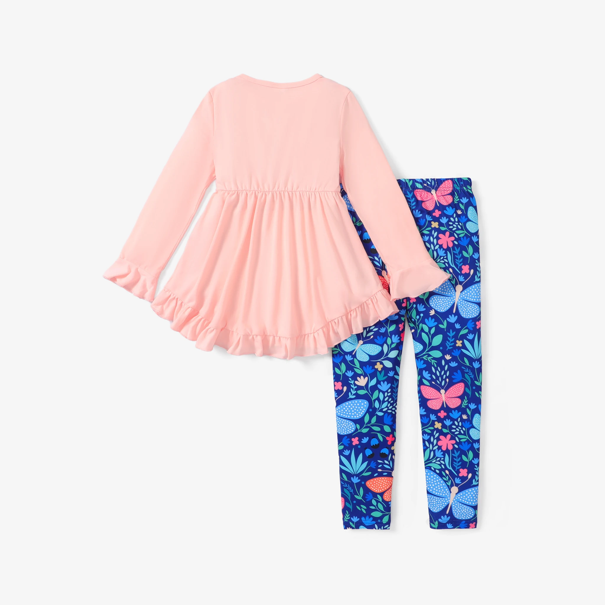 PatPat 2-piece Kid Girl Butterfly Print Ruffled Hem Long-sleeve Top and Leggings Set