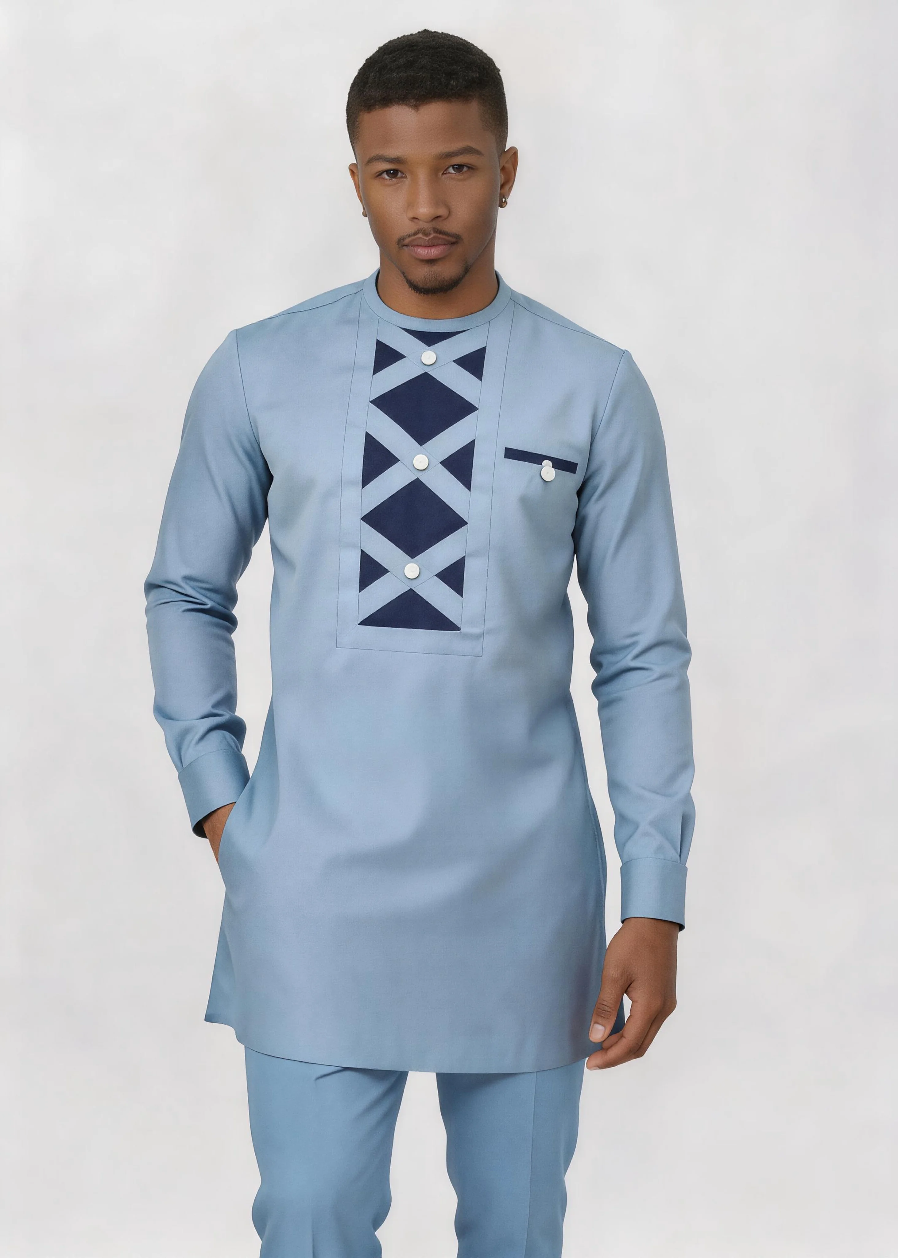 African Men Light Blue Kaftan 2 Piece Set Navy Geometric Patchwork Round Neck White Buttons Long Sleeve Tunic Shirt Pants Formal