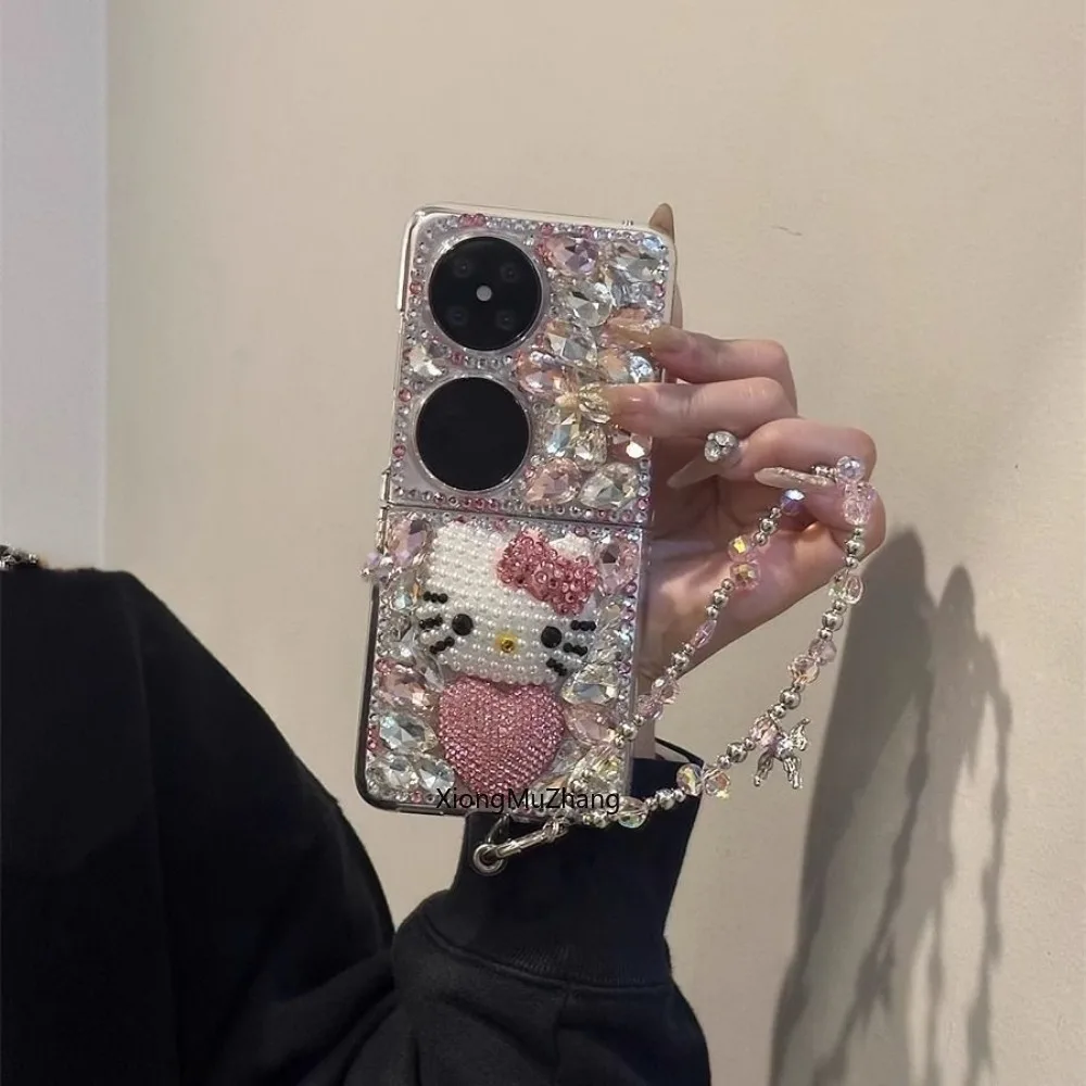 Sanrio Hello Kitty Hülle für Motorola Razr 40 50 für Moto Razr 60 70Ultra Kristall-Strass Stoßfeste Hülle mit Kette und Trageband – Detail 3