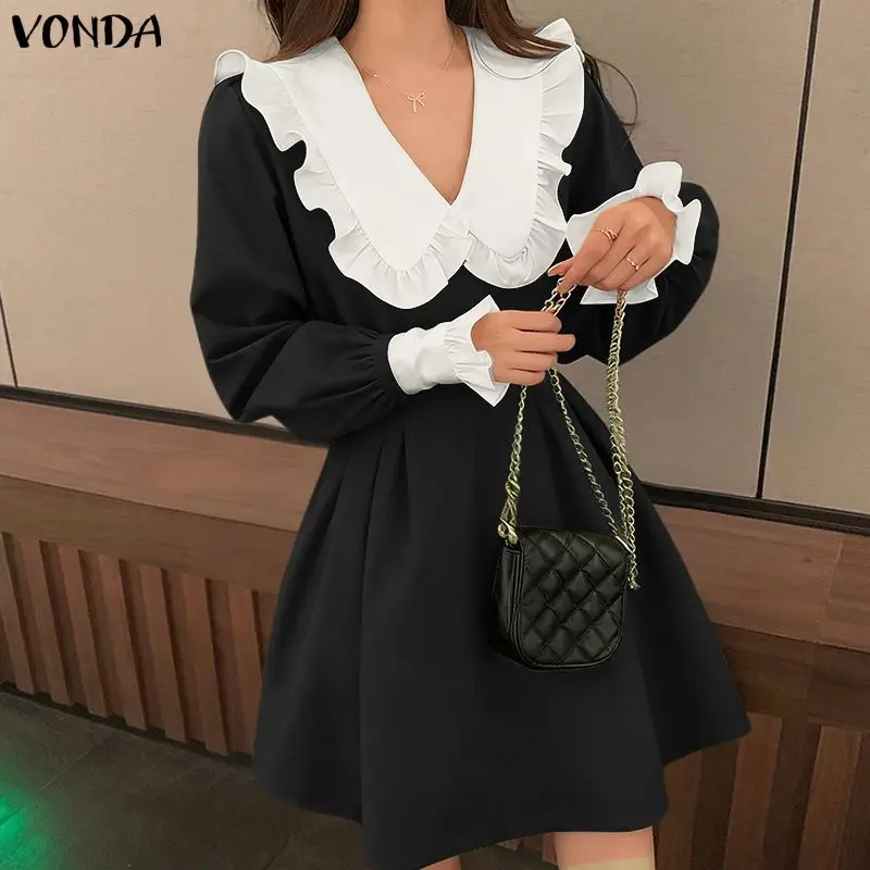 VONDA Elegante Mini Kleider Frauen Langarm Peter Pan Kragen Kurze Vestidos Herbst Beiläufige Lose Rüschen Party Weibliche Robe