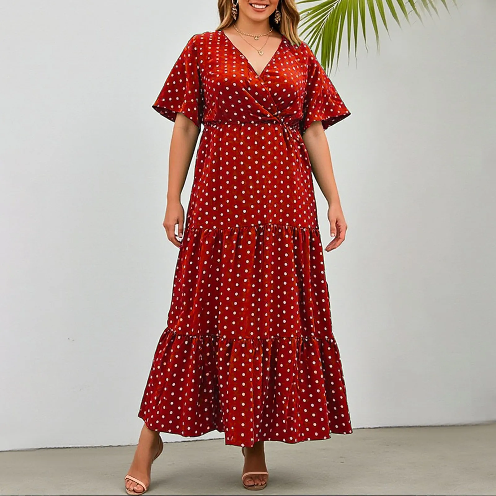 Vintage Chic Women Polka Dot Short Sleeve Beach Bohemian Maxi Dress Ladies Rayon Cotton Summer High Low V-Neck Boho Dresses Robe