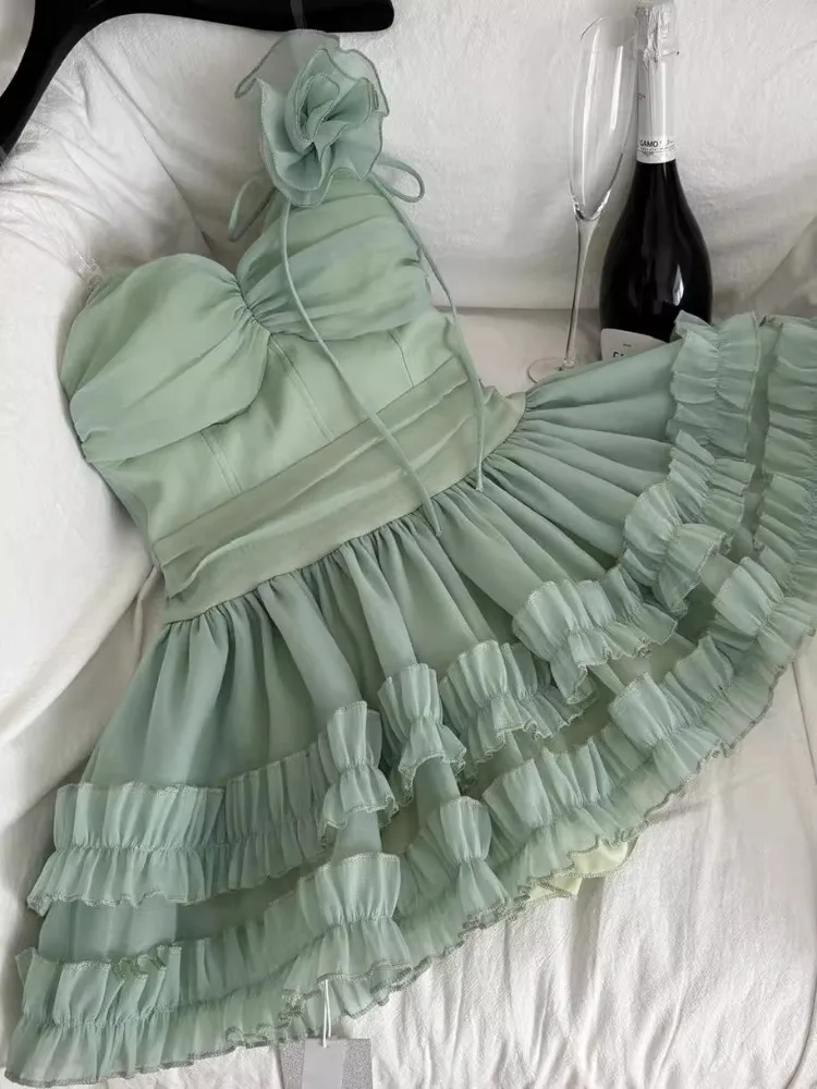 

Korobov Fairy Dresses Summer French 3D Flower Sleeveless Strapless Fluffy Short Skirt Mesh Cake Dress for Women Vestidos