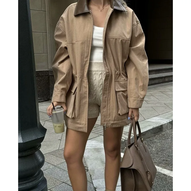 Women's Clothing Cargo Jacket Trendy Workwear Long Sleeves Fitted Waist Trench Coat Outerwear Tops Spring Autumn New Pockets