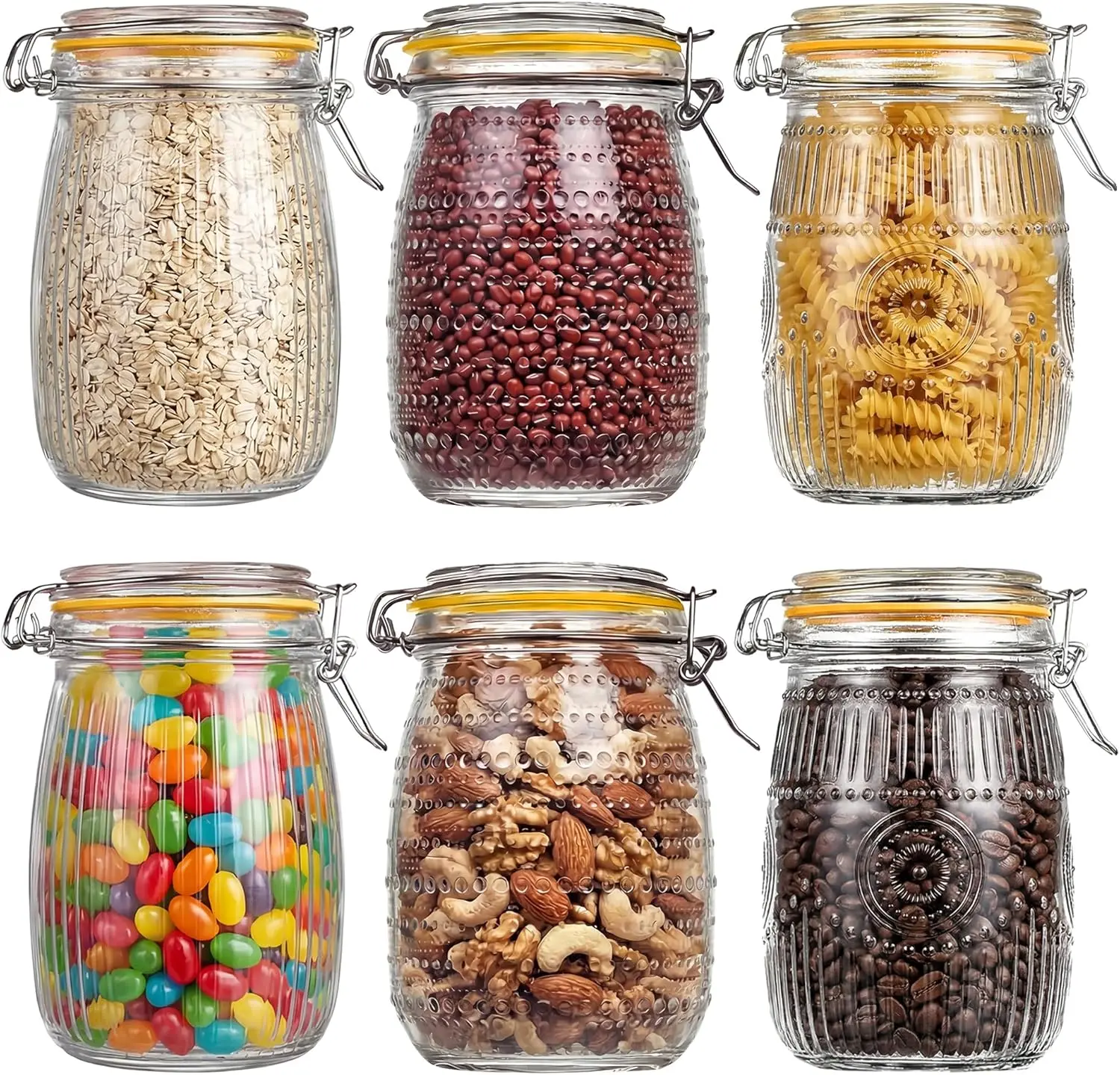 32oz    Jars with Airtight Lid, 6Pcs Wide Mouth Glass Jar, Food Storage Containers for Grains, Nuts, Noodles, Coffee Beans, S