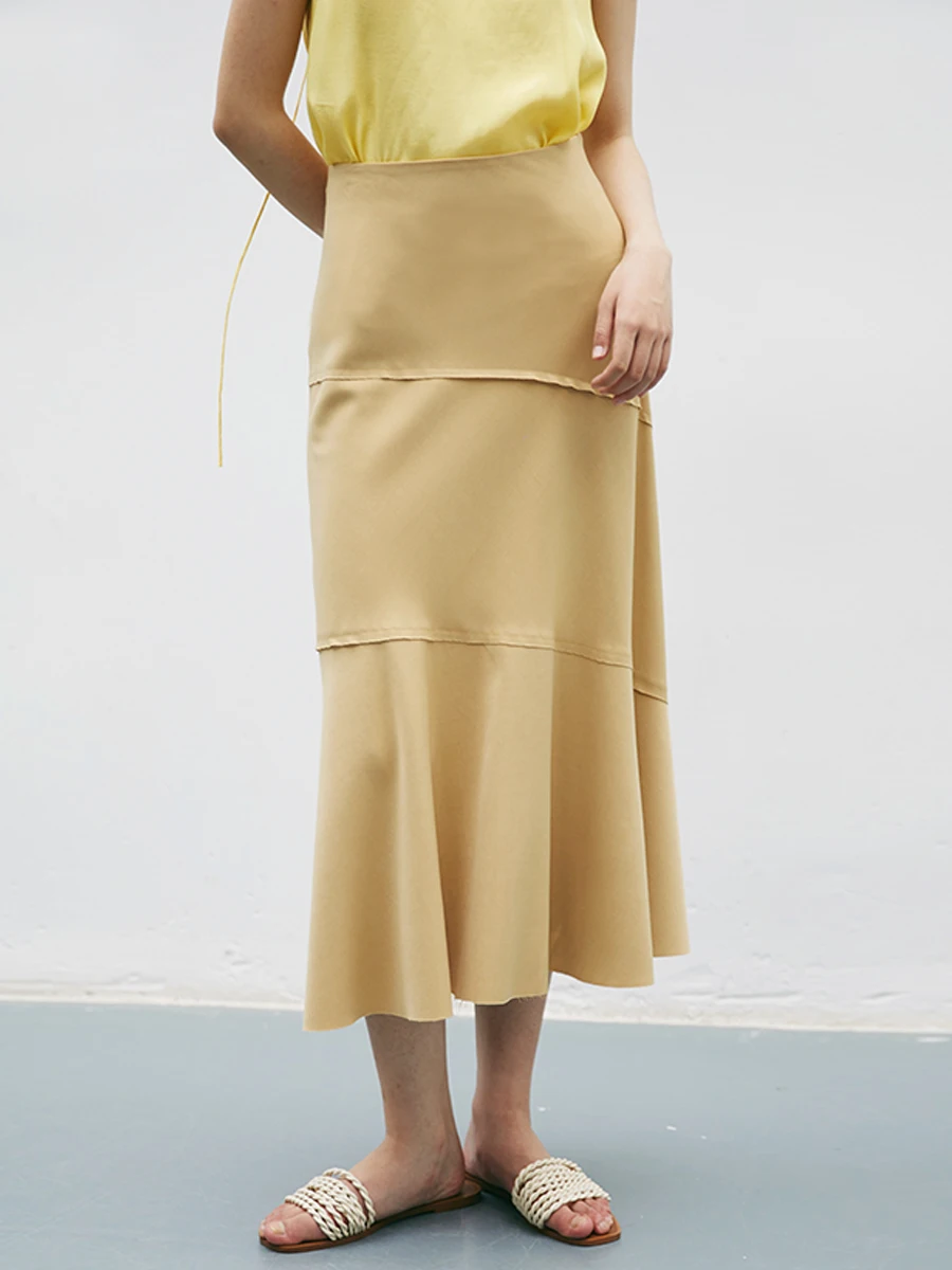 

i Color High Waist f Length Fi Tail Skirt with Fringe Splicing Design Commute Sle Pure Color Long Skirt
