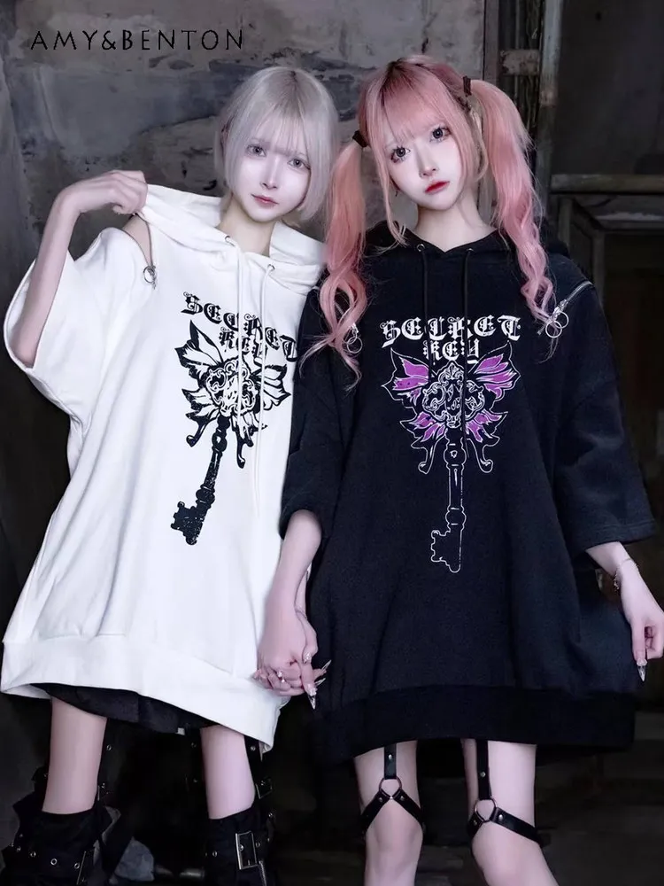

Japanese Harajuku Subculture Butterfly Print Bear Ears Hooded Sweater Zipper Off Shoulder Half Sleeve Mine Goth Oversized Hoodie