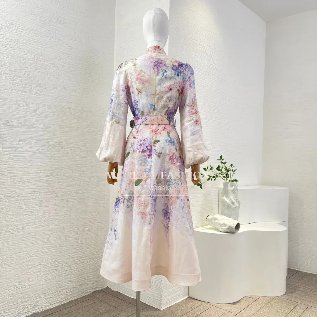 2025 New Spring High Quality Linen Multi Color Floral Print Long Sleeve Stand Collar Midi Dress for Women