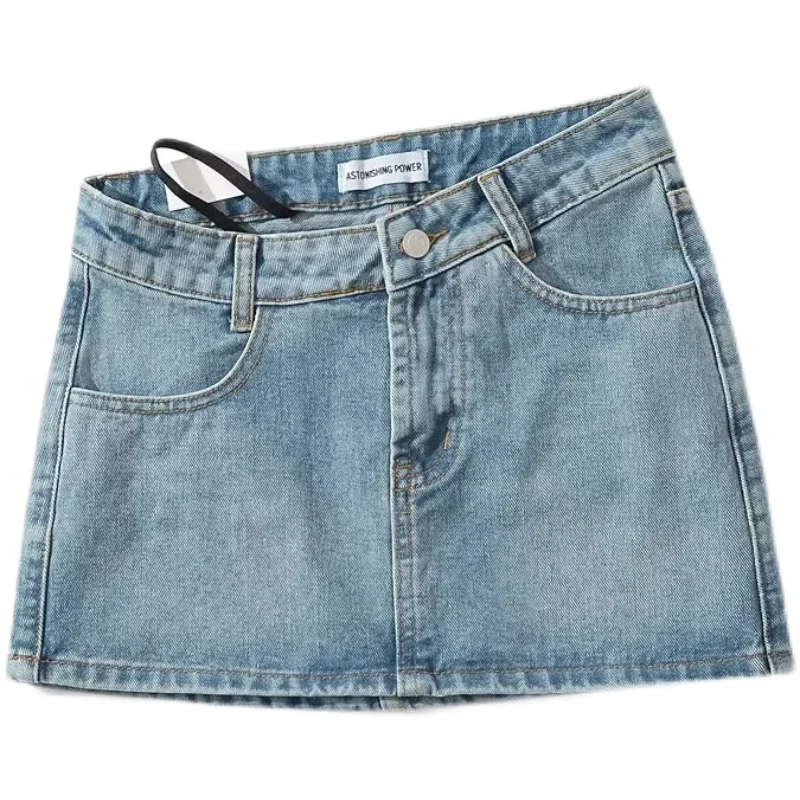 تنورة جينز قصيرة غير متماثلة بخصر منخفض للنساء، أزياء الشارع العصرية بلون واحد وتصميم على شكل حرف A