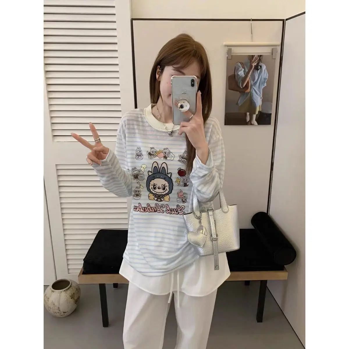 

New Trendy Striped Embroidered Short Sleeved T-shirt for Women's Loose Sun Protection Top