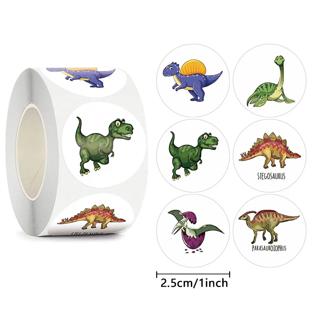 500 szt. Okrągłe naklejki z dinozaurami dla dzieci, nagrody dla nauczycieli, naklejki ze zwierzętami, na przyjęcia dziecięce, etykiety na cukierki, do pieczenia, do książek, naklejki z kreskówek i anime.