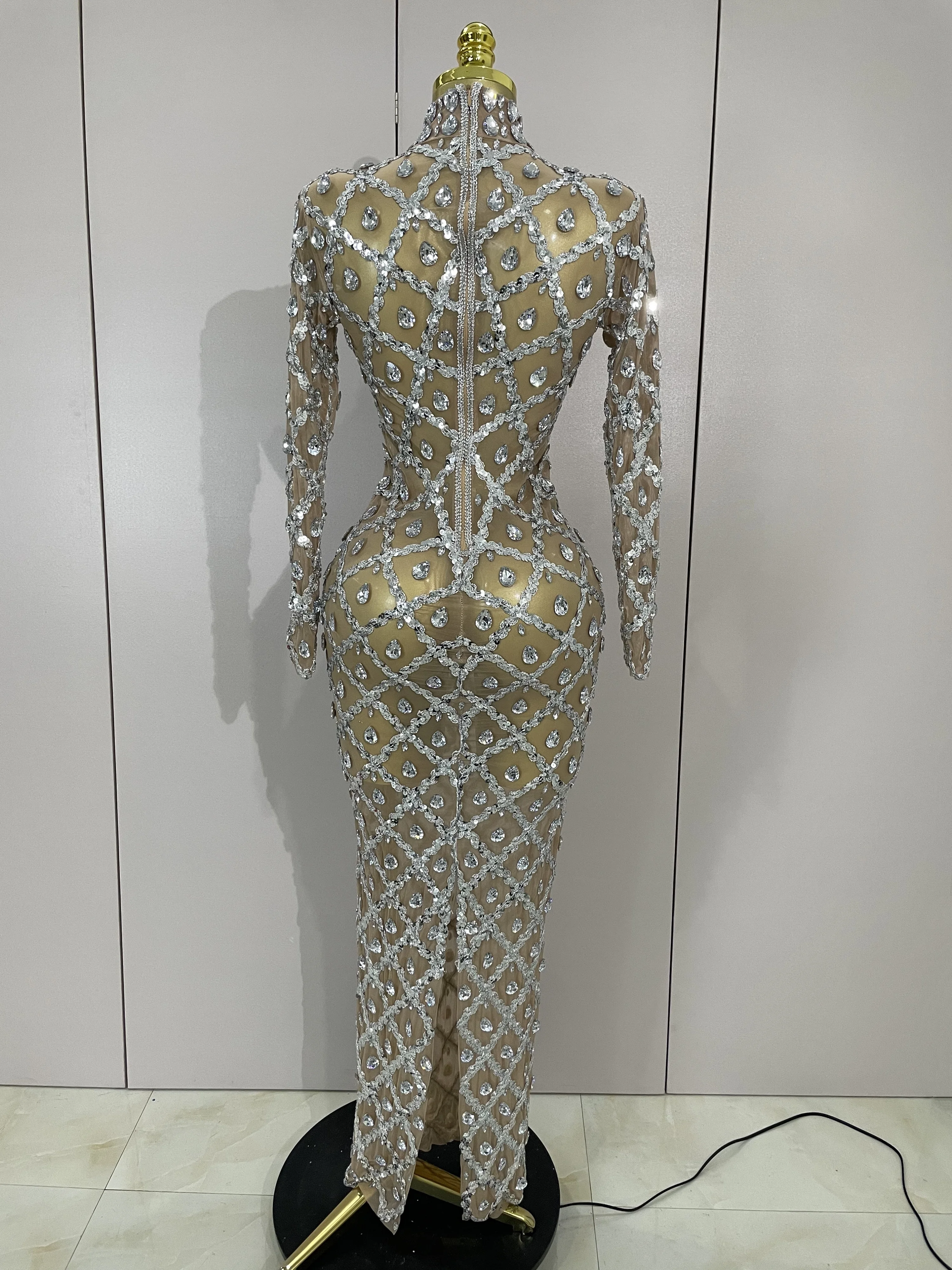 Women Sexy Shining Rhinestone Sequin Long Dress Luxury Birthday Dress Evening Prom Gown Transparent Singer Club Stage Host Dress