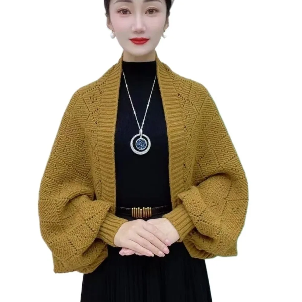 Solid Color Hollow Out Knitted Cardigan Loose Fit Oversize Crochet Cardigan Open Stitch Long Sleeved Neck Warmer Casual Wear