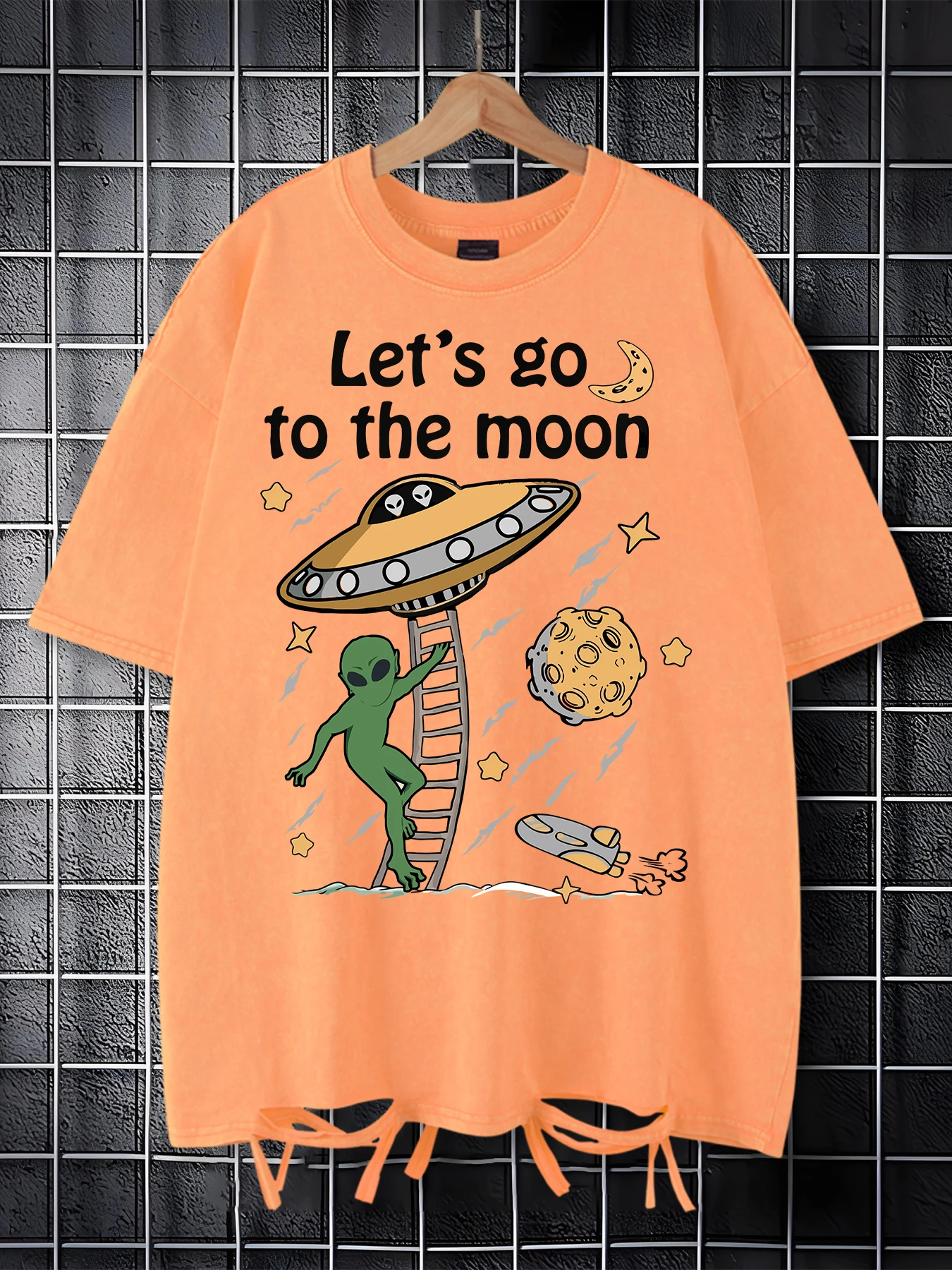 

Let'S Go To The Moon Prints Washed Holes Мужская футболка Хлопковая повседневная футболка Дышащий креативный топ унисекс Спортивная футболка с коротким рукавом