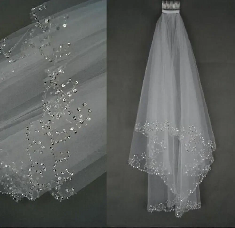 

New 2 Tier White/Ivory Sequins Beaded Edge Wedding Bridal Veil With Comb