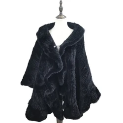 Natural Mink Fur Knitting Shawl for Women, Falbala Cape, Plus Size, Brown, Black Color, Pullover, B230810