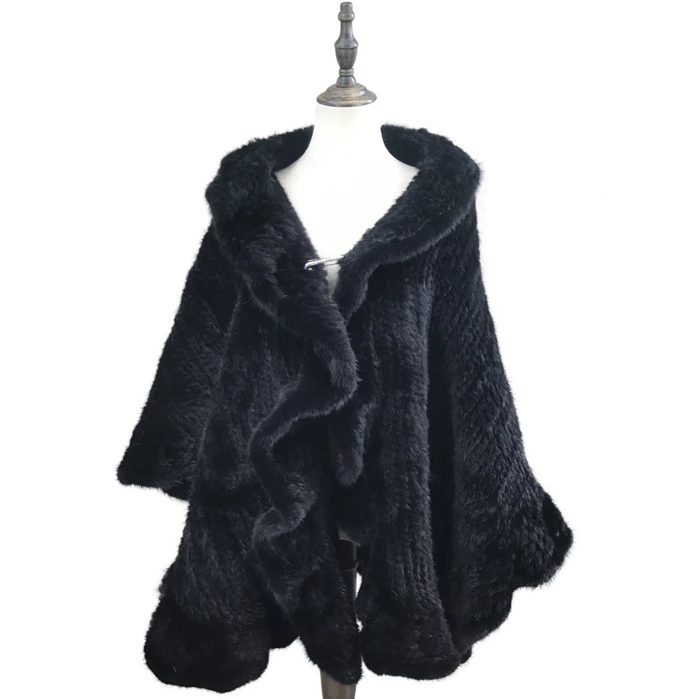 Natural Mink Fur Knitting Shawl for Women, Falbala Cape, Plus Size, Brown, Black Color, Pullover, B230810