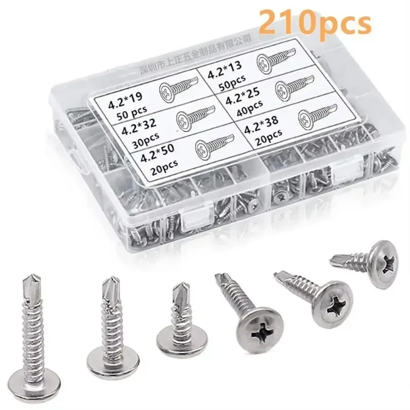 210pcs M4.2 Stainless Steel Phillips Round Head Washer Drill Tail Self Tapping Screw Kit Set for Iron Plate Aluminum