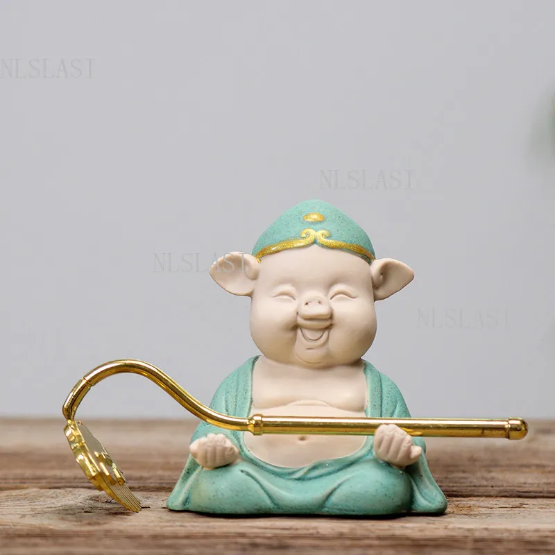 Cute Zhu Bajie Purple Clay Tea Pet Cartoon Pigsy Statue With Golden Nine-tooth Rake Tea Table Decor Ornament Display Accessory