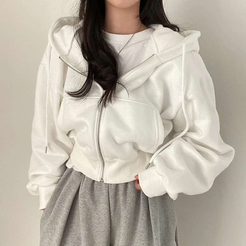 2024 Autumn Retro Solid Color Zip Up Oversized Hooded Sweatshirts Women Harajuku Korean Version Long Sleeve Short Hoodies Coat