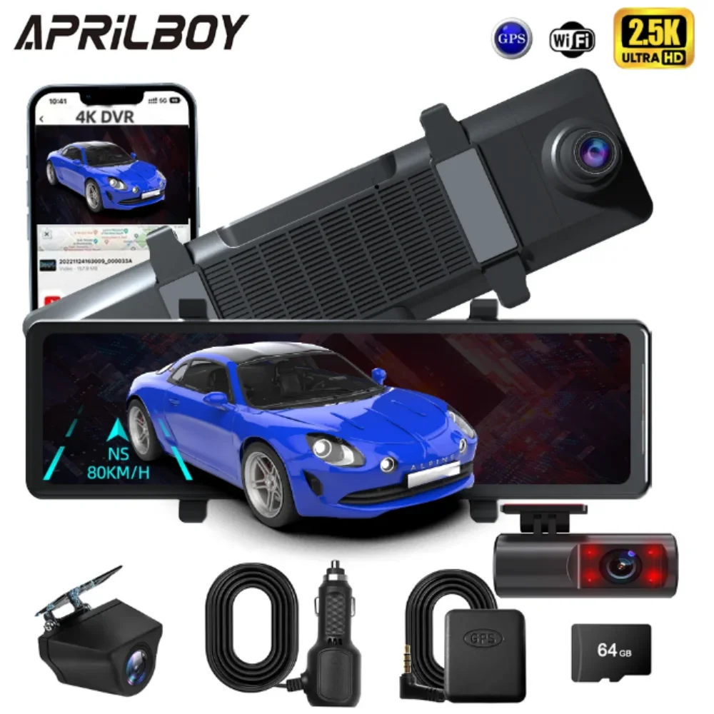 

Aprilboy 12''Dash Cam 3Channel Rearview Mirror Front Inside Rear 2.5K Stream Mirror DashCam WiFi Night Vision Reverse Assistance