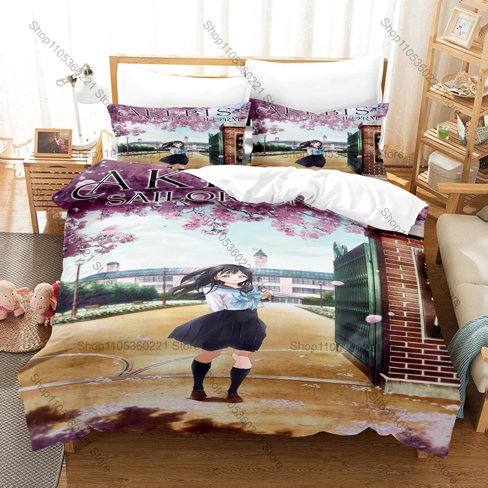 Akebi's Sailor Uniform Komichi Akebi Pastel School Sailor Uniform Gentle Campus Anime Print Duvet Cover + 2 Pillowcases Muted