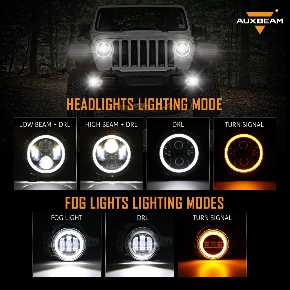 9 Inch LED Headlights & 4 Inch Fog Lights with Integrated DRL Turn Signal Low High Beam Halo Ring for Jeep Wrangler JL 2018-2022