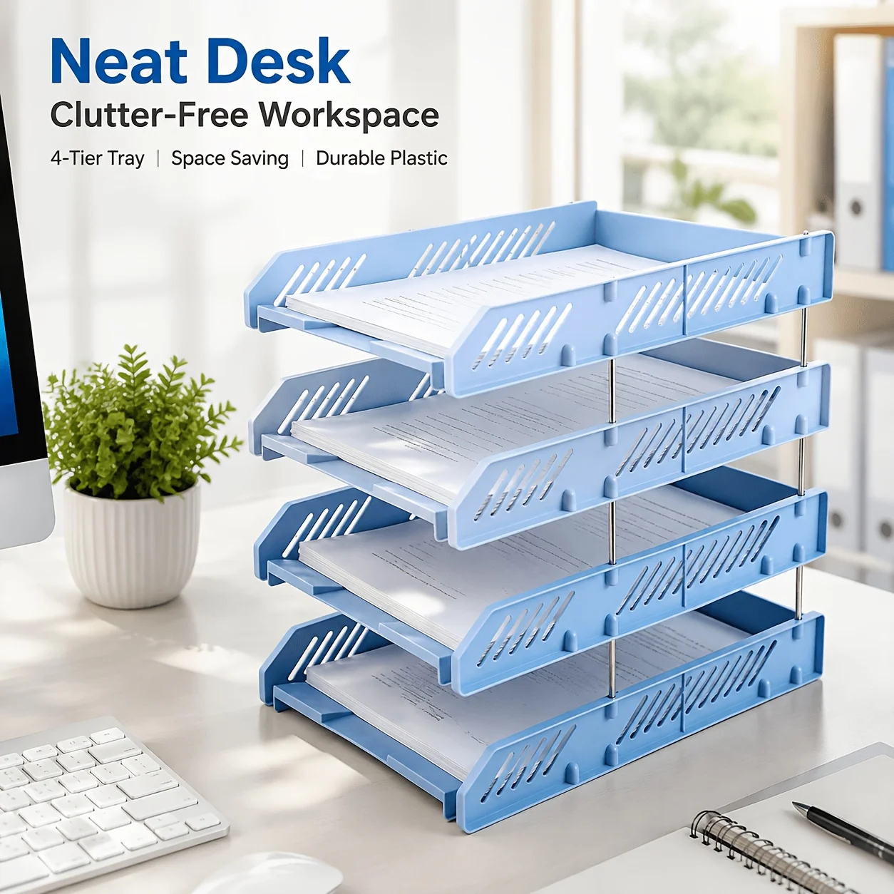 Gradual Blue 4‑Tier Desktop File Organizer, Detachable Plastic Rack, Stackable Document Tray, Space‑Saving Office Sorter