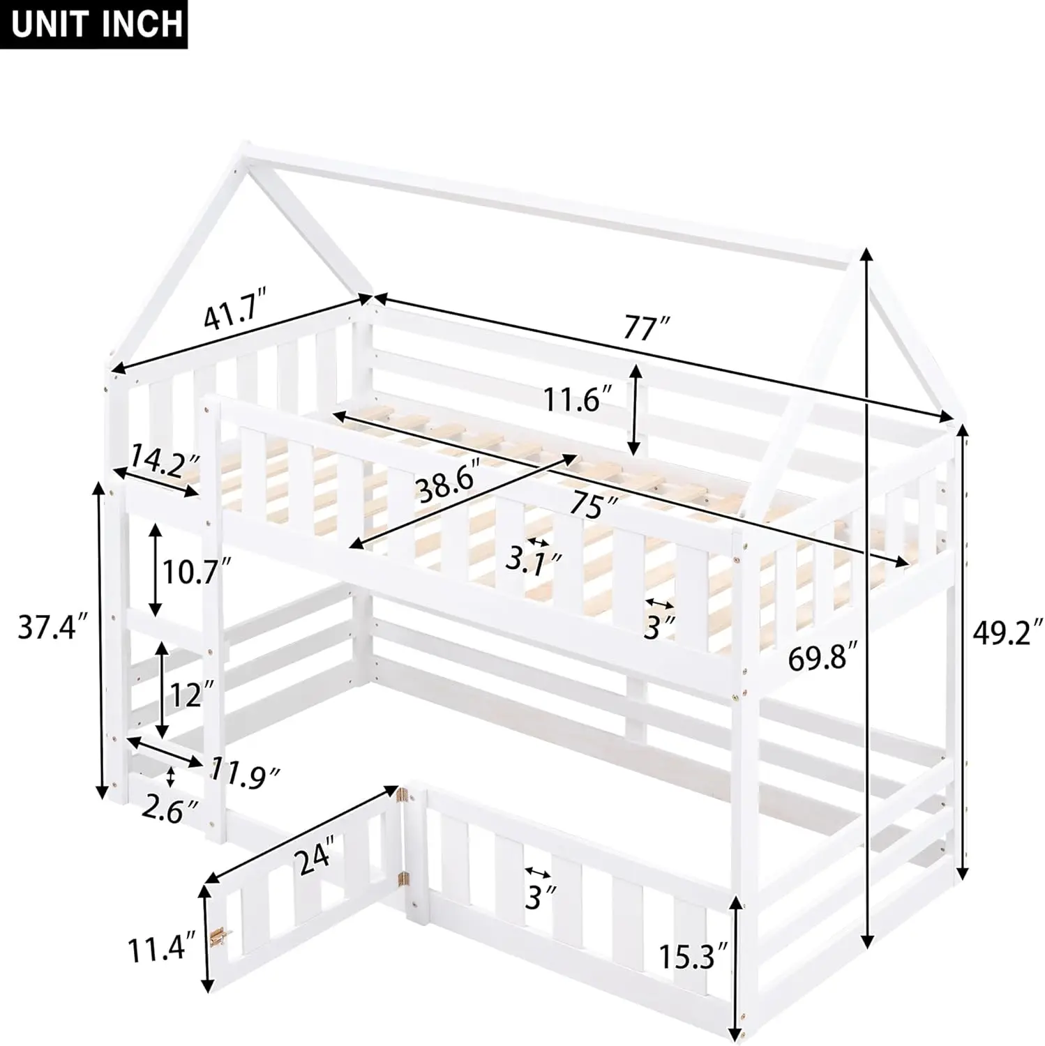 Twin Over Twin House Bunk Bed Frame For Boys Girls Kids Adults Toddler With Fence And Door, White