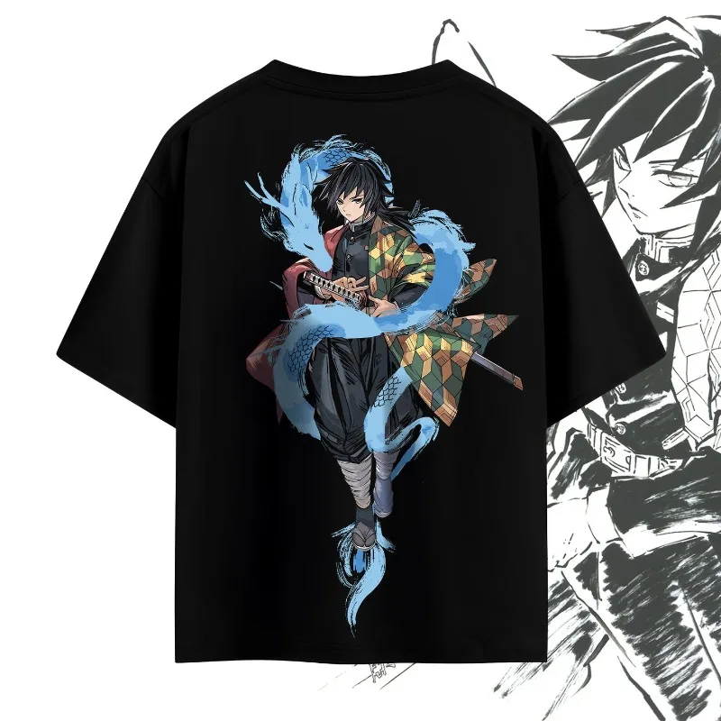 Anime Water Breath Double Sided Print T Shirt, Tomioka Giyuu Graphic Oversized Tee,Unisex Japanese Manga Streetwear Short Sleeve