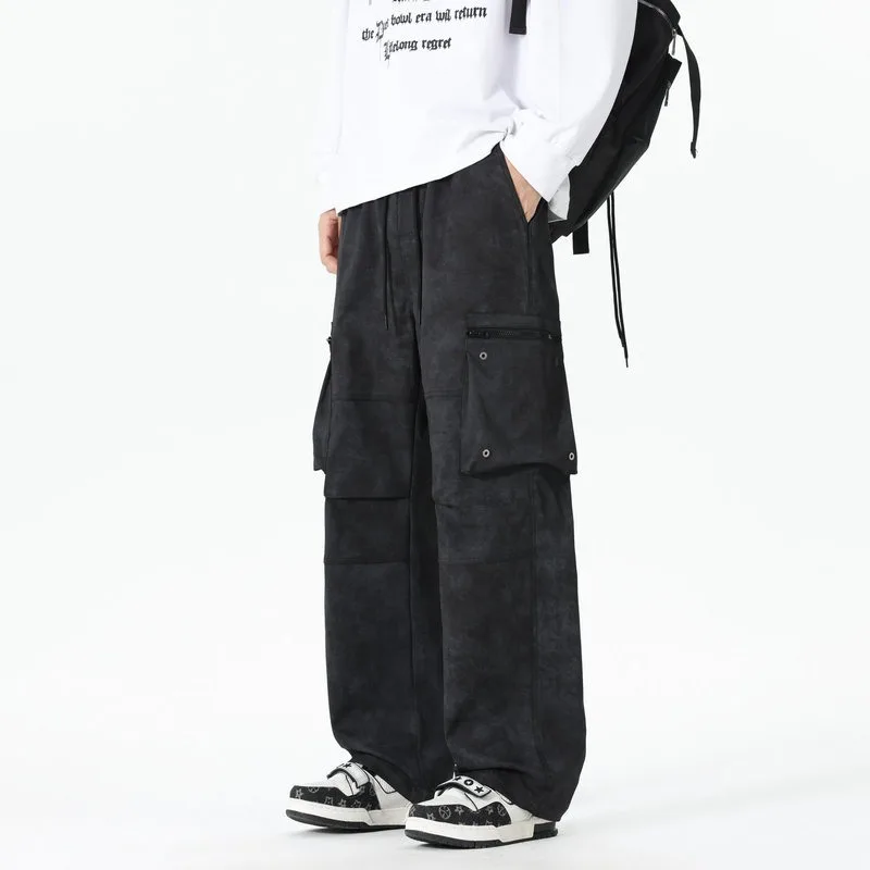 Pantalones elásticos de cintura alta con bolsillo para hombre, ropa de trabajo informal americana, a la moda y versátil, pantalones de pierna ancha para primavera y otoño