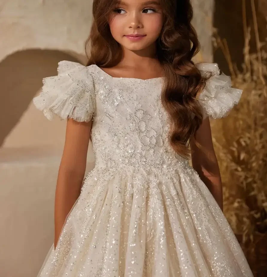 

Tulle Flower Girl Dress For Wedding Shiny Sequins Beading Short Sleeve With Bow Child First Eucharistic Birthday Party Dresses