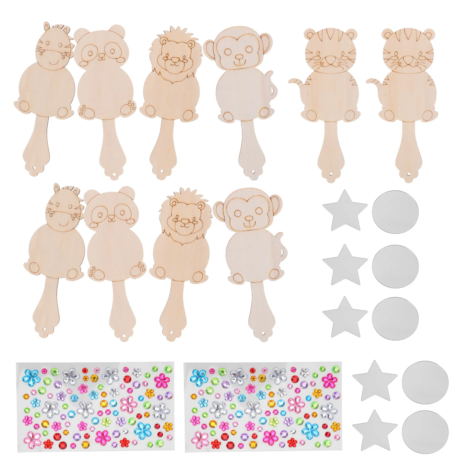 10세트 나무 동물 공예 DIY 어린이 손거울 키트 페인트 가능한 나무 블랭크 안전한 아크릴 거울 부활절 공예용 - 교실용