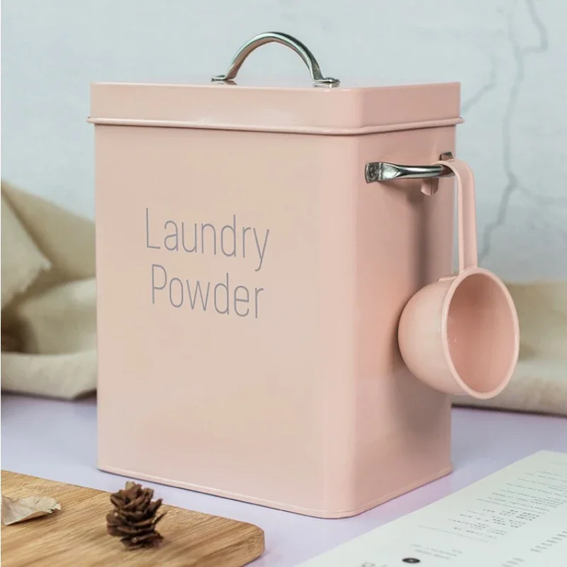 

Washing Powder Barrel With Spoon Small Grain Storage Box Household Multifunction Iron Covered Barrel Nordic Wind