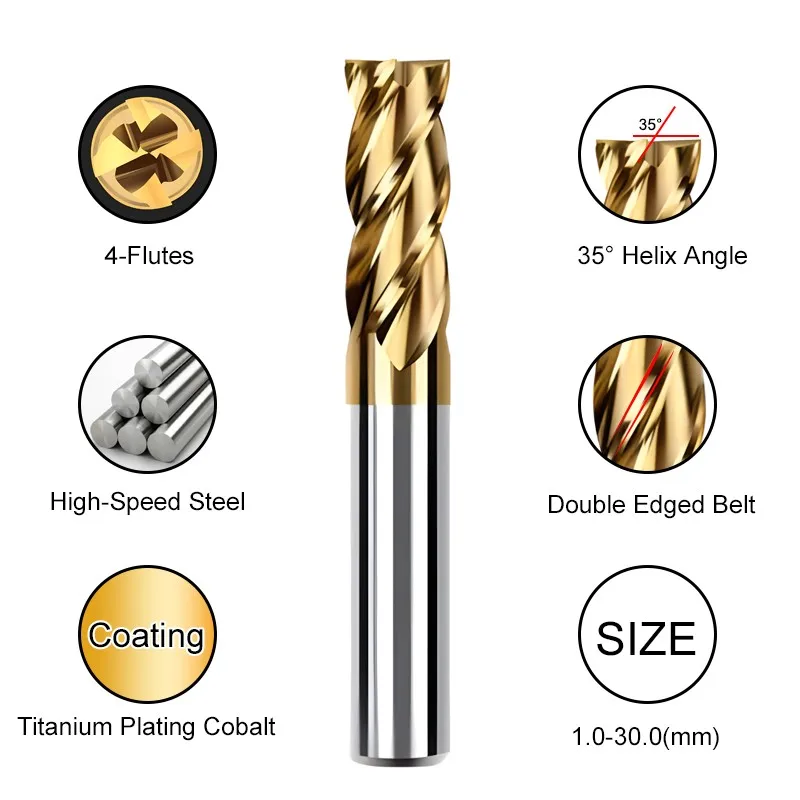 YIFINO Superhard Straight Shank White Steel Milling Cutter High Speed Steel 4-Flutes Titanium Flat Endmills CNC Machining Tools