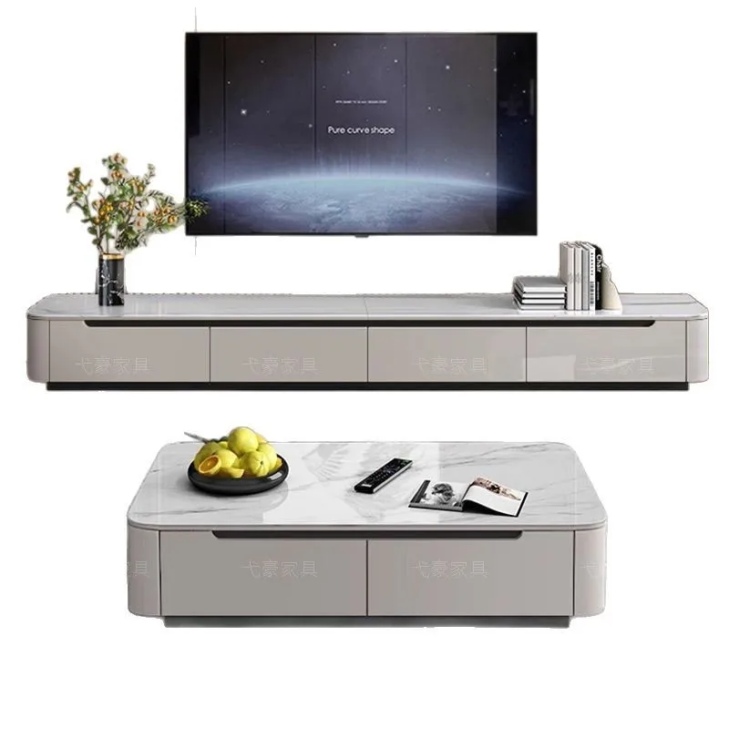 

Solid wood coffee table TV cabinet floor-to-ceiling light rock slab simple modern small apartment household living room