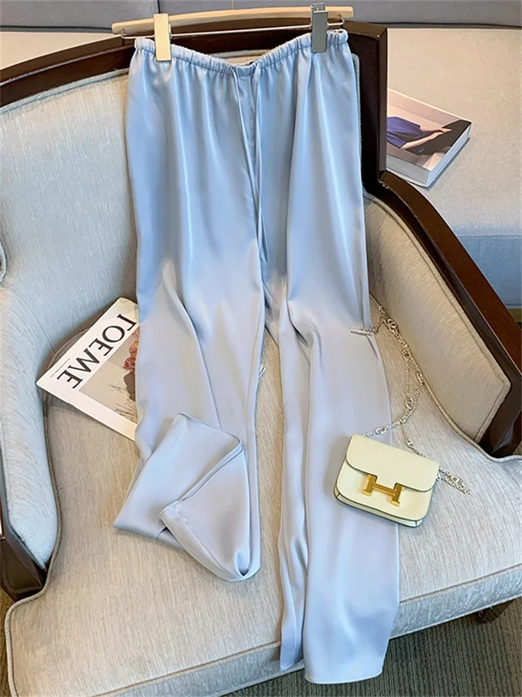 Blue Silk Charmeuse Loose Casual Pants Draped Lightweight Summer Fren Pants Straightleggings Belted Loose Fit