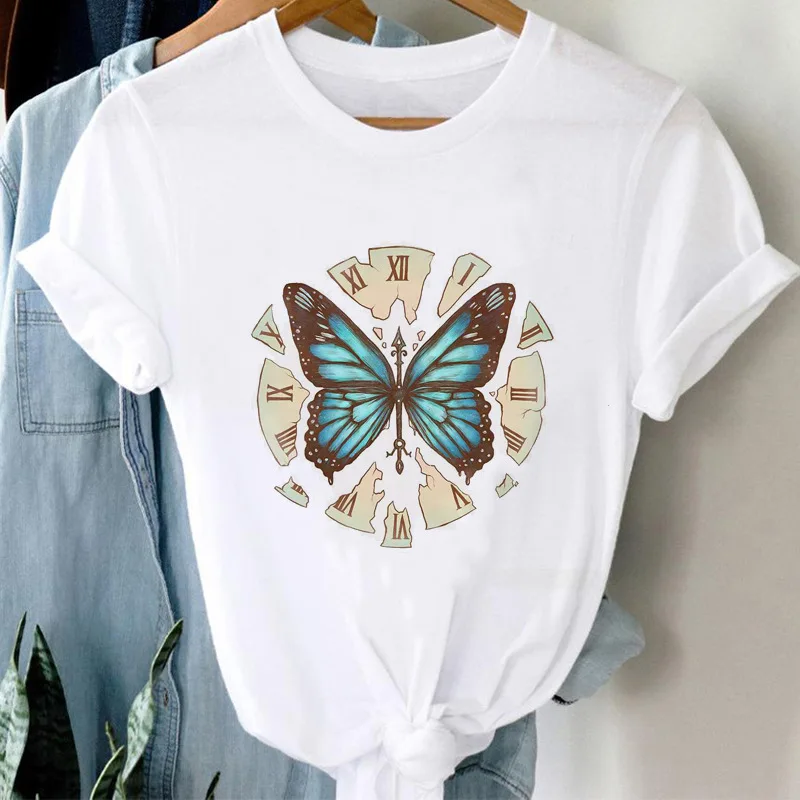Women's Floral Butterfly Cartoon Print Oversized T-shirt Fashion Exquisite Summer Top Girls' Clothes Polyester fabric