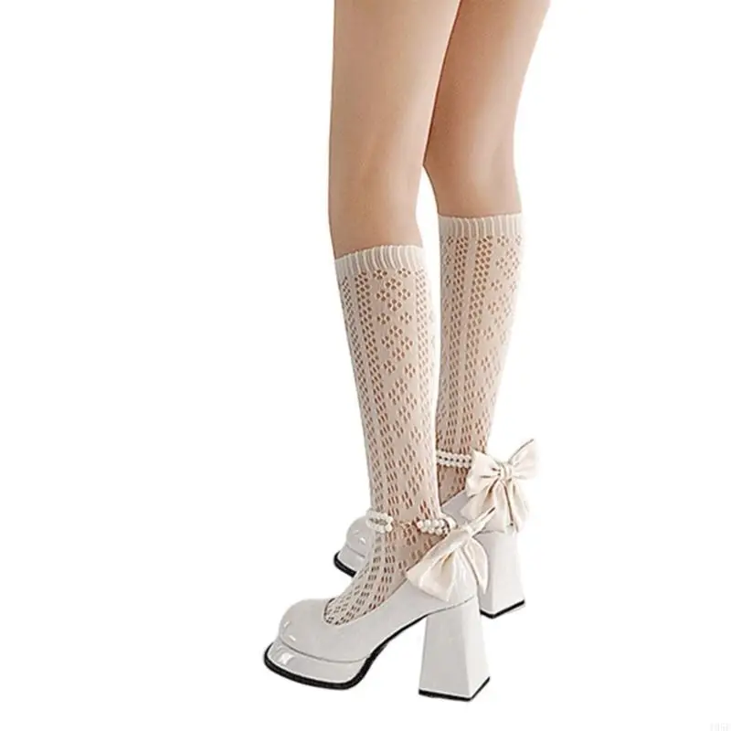 195E 女性メッシュアンクルソックス中空アウトクルーソックス甘い学生靴下ふくらはぎ靴下