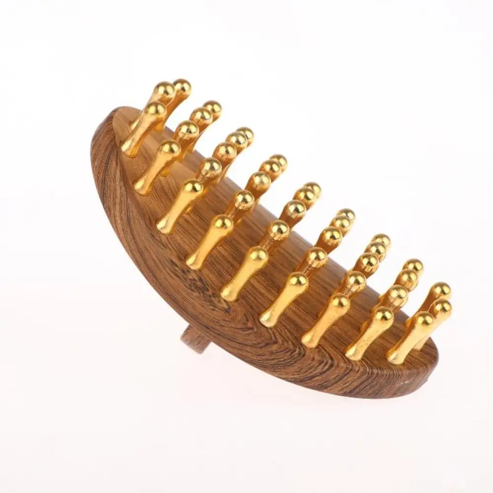 39-Tooth Solid Brass Body Massage Brush Wooden Handle Pressure Relief Meridian Brush Gold Bead Roller Multipurpose Massage Tool